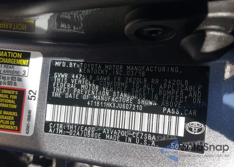 2018 Toyota Camry Se из США, поврежденный, VIN 4T1B11HKXJU607210